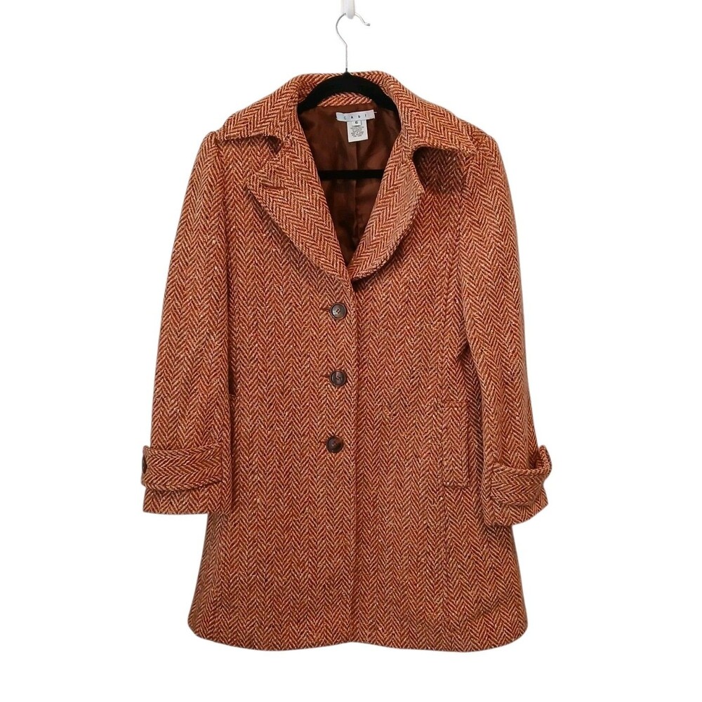 Cabi Madison Avenue Herringbone Tweed Coat Size 6 Rust Peach Wool Blend‎ Jacket